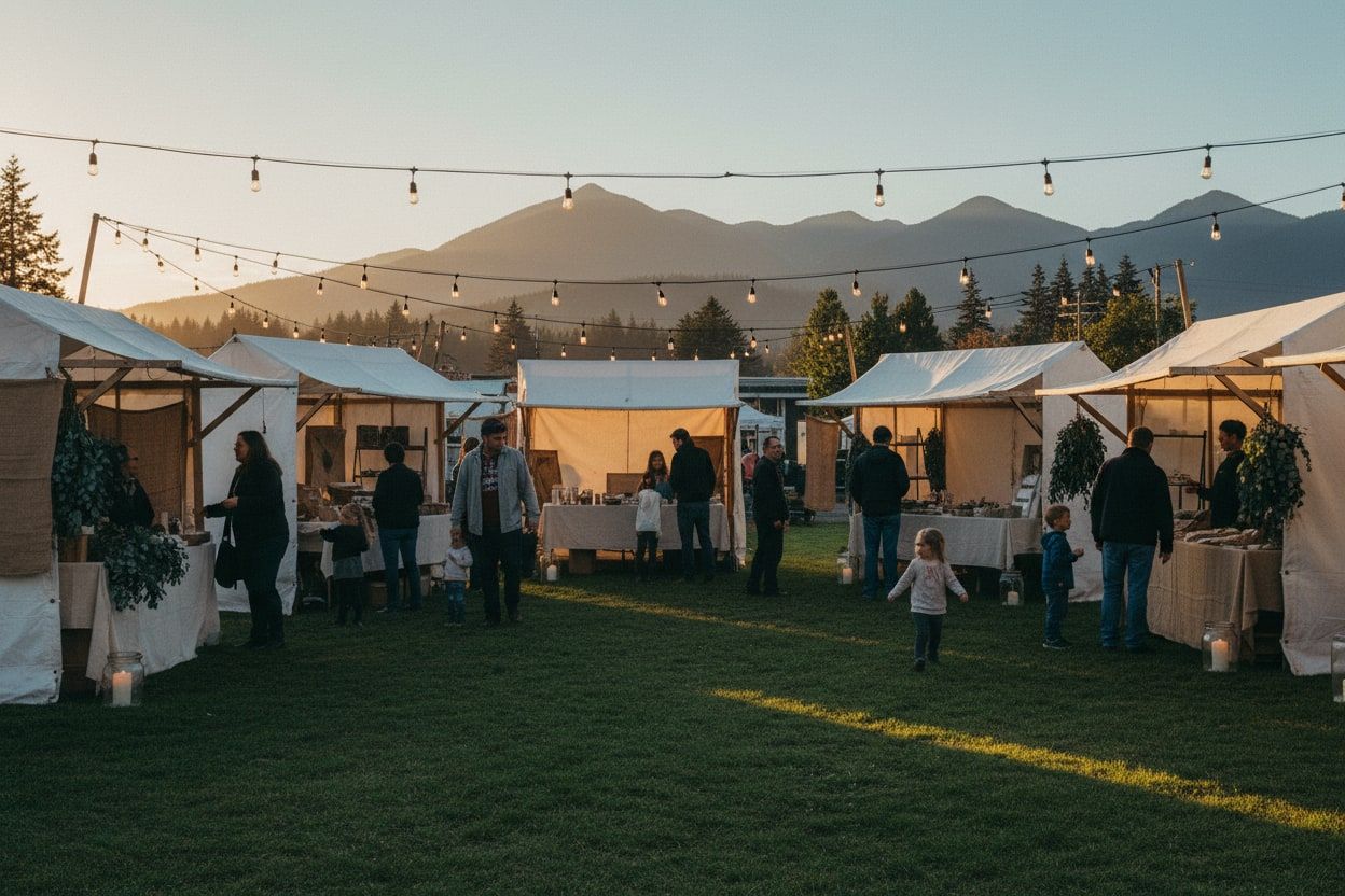 People moving between booths at a small-town outdoor festival