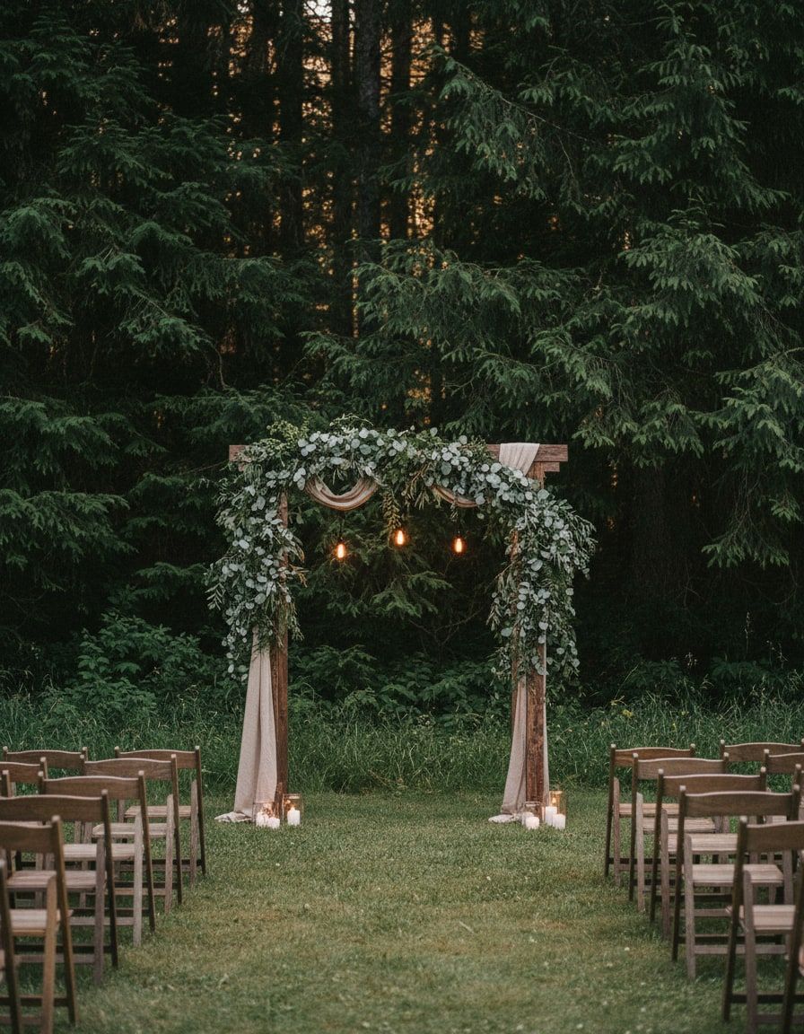 A greenery-draped ceremony arch at the edge of an evergreen forest in soft light