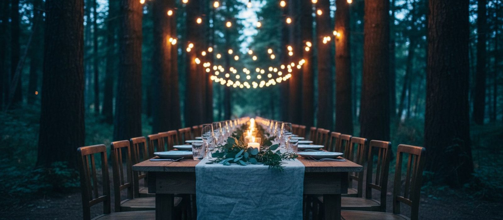 A long table set under strings of warm lights as evening falls