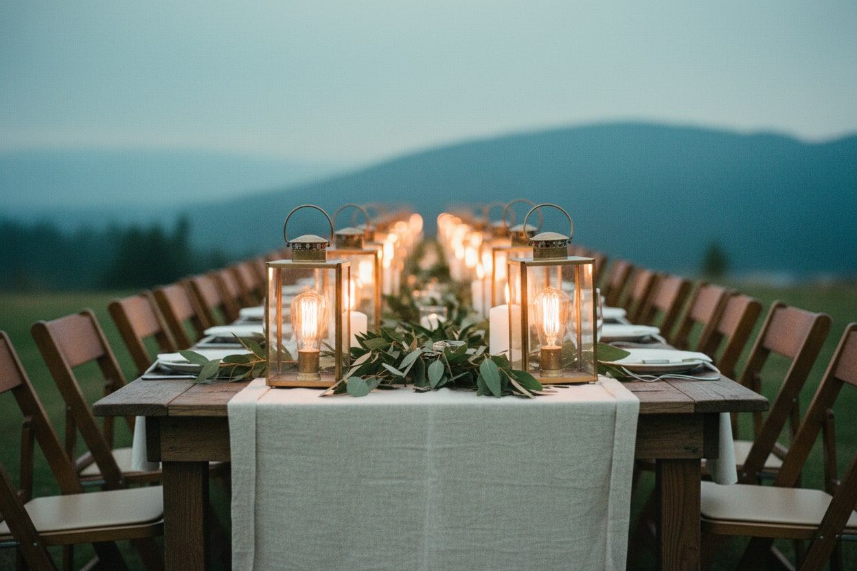 Lanterns and low greenery running down a candle-lit table