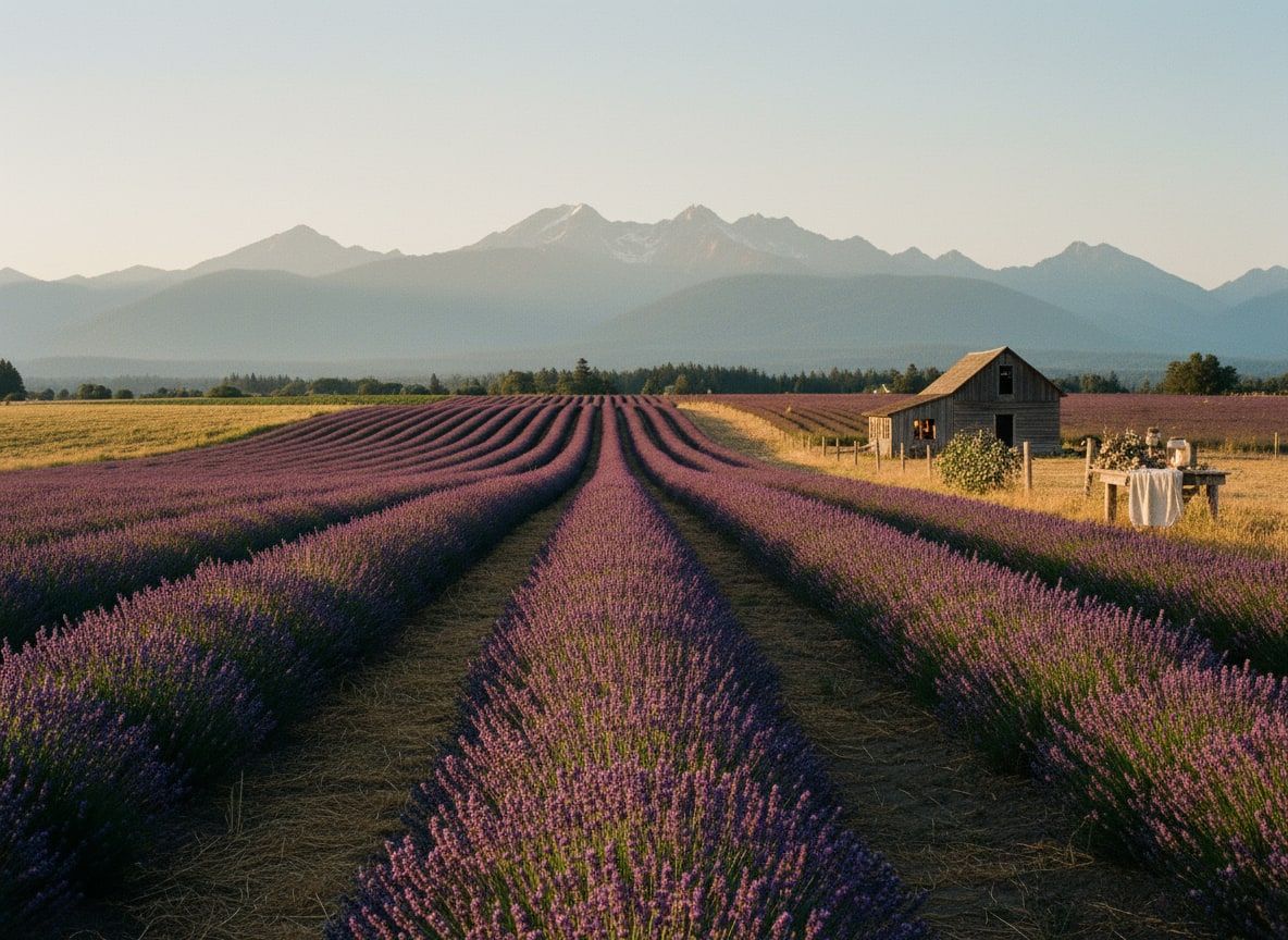 Rows of lavender running toward the Olympic Mountains under a clear sky