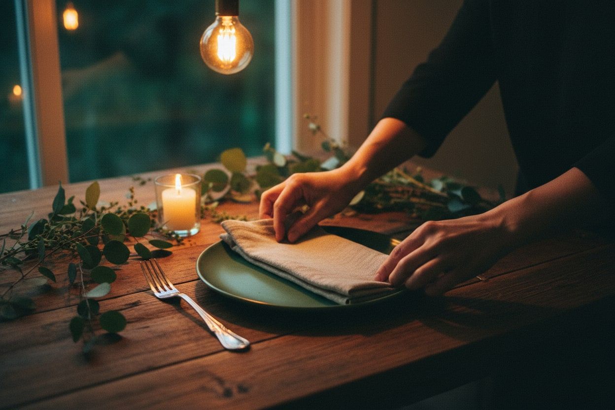 Two hands smoothing a linen napkin at a place setting