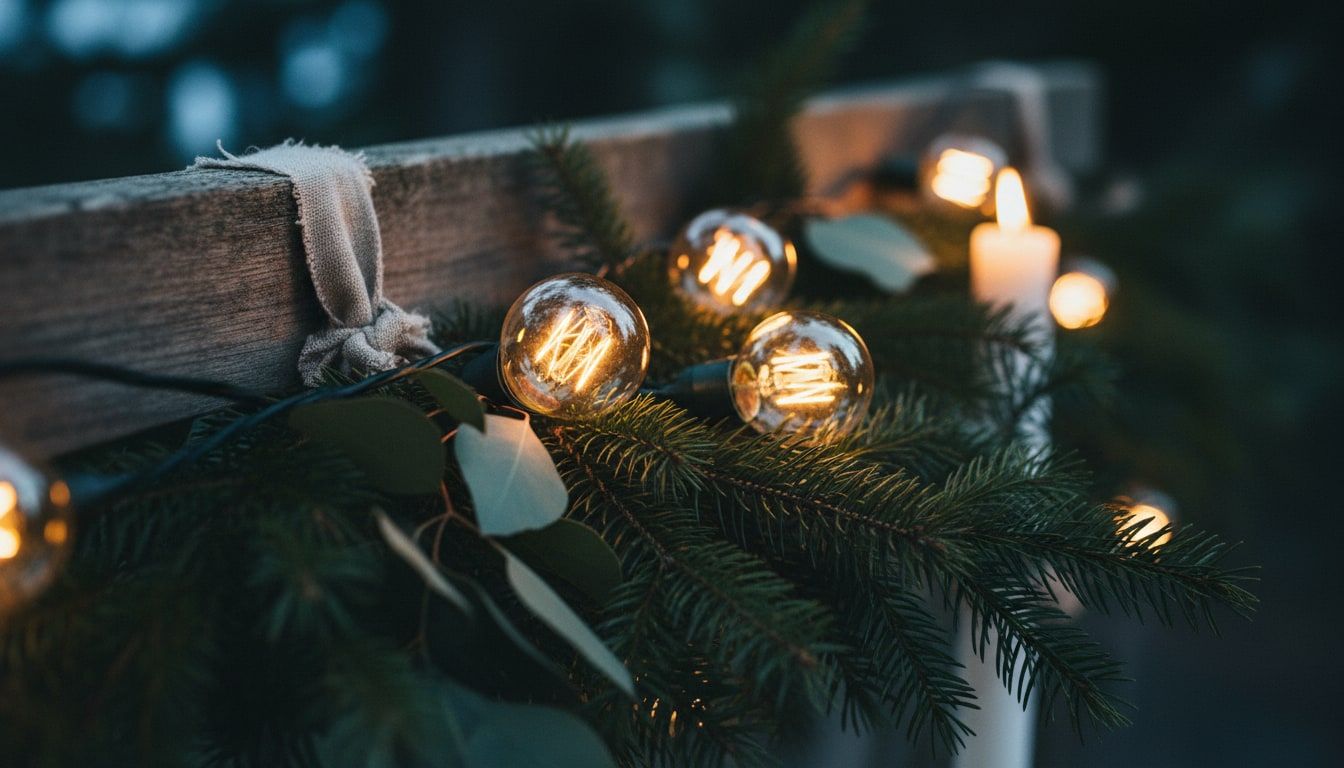 Warm bulbs strung between trees, glowing against the dark