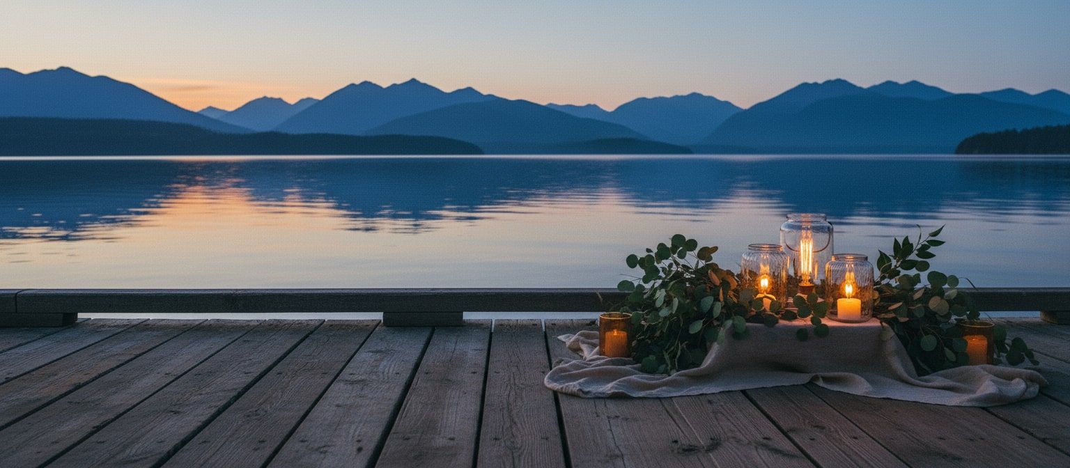 Still water and distant mountains under the last light of the day